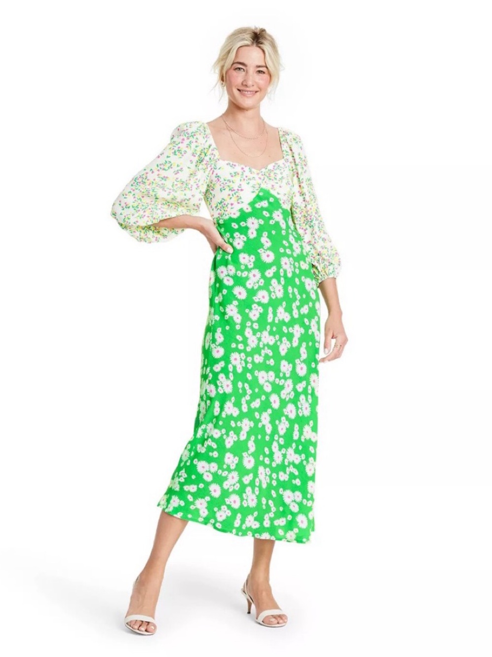 RIXO Green and White Daisy-Print Midi Dress with Floral Puff Sleeves